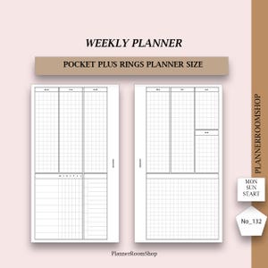 Puede incluir: Dos páginas de insertos de planificador semanal para planificadores de anillos Pocket Plus. Las páginas son blancas con un patrón de cuadrícula y los días de la semana etiquetados. La parte superior de la página dice "WEEKLY PLANNER" y "POCKET PLUS RINGS PLANNER SIZE".