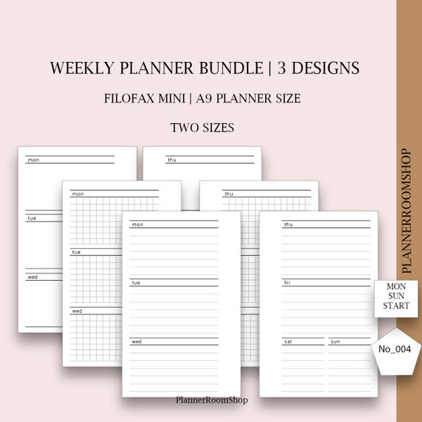 A9 Moterm, Filofax mini printable inserts, Week on 2 pages,  A9 Weekly schedule, A9 Printable planner pages, Weekly planner, Digital planner