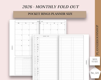 Printable 2026 Monthly 2-Fold Out Inserts, Pocket Rings Planner Refills, Dated Planner, Filofax, Ring Bound, 325