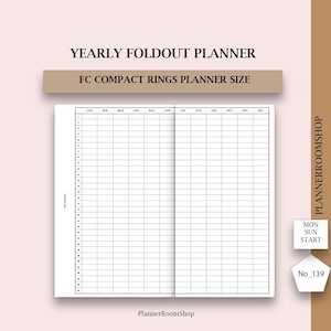 Agenda annuale pieghevole stampabile, inserti per agenda ad anelli compatti FC senza data, panoramica annuale, Filofax, rilegatura ad anelli, 139