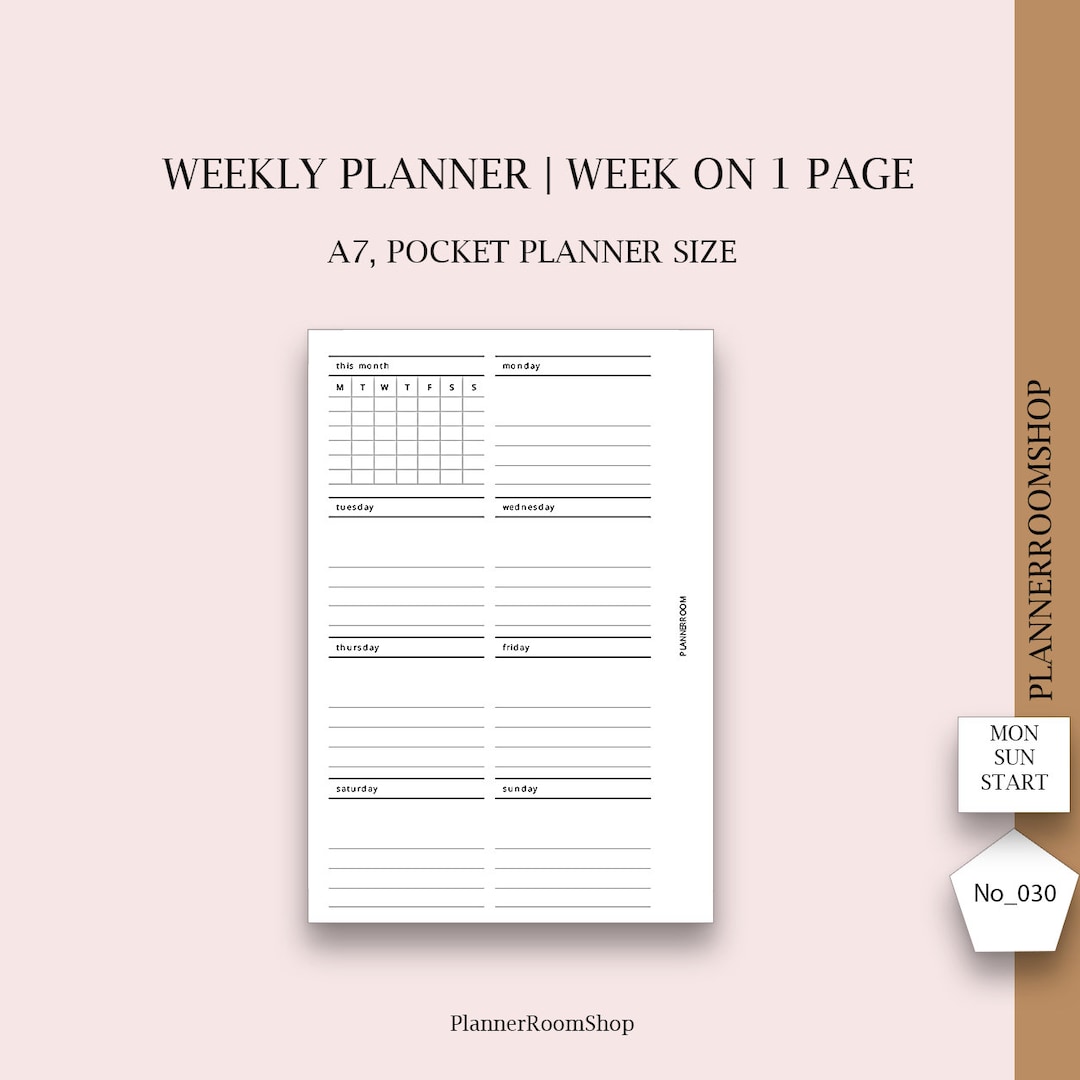 Printable Weekly Planner, Week at a Glance, A7, Pocket Weekly Planner ...