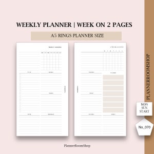Week on Two Pages, Printables for A5 Rings Planner Size, Minimalistic ...
