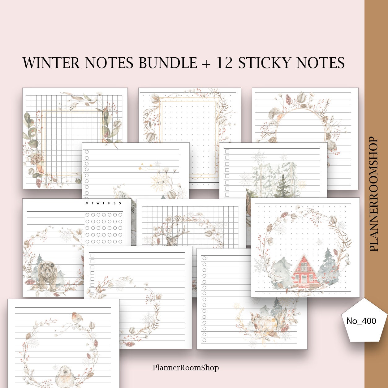 Printable Winter Notes, 12 Sticky Notes Bundle, Standard TN, Grid Paper,  Printable Task List, Watercolour Paper, Winter Landscape, Printable 