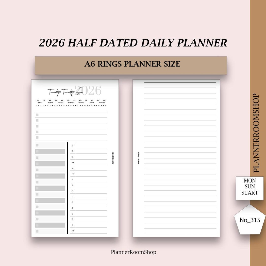 2026 HALF DATED Day on 2 Pages Printable Inserts, Daily Schedule With ...