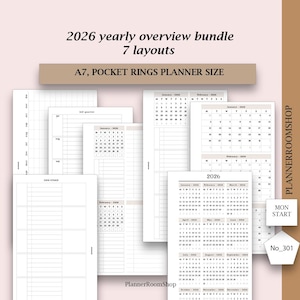 DATATO 2026 ADHD Planner per adulti, Pacchetto di planner annuale stampabile Panoramica annuale 2026 Calendario registro futuro, Anelli tascabili A7, 301