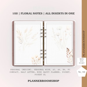 May include: A six-ring binder planner open to two pages with a grid layout, featuring soft watercolor floral illustrations in muted earth tones. The text reads 188 | FLORAL NOTES | ALL INSERTS IN ONE, PLANNERROOMSHOP, MON SUN START, and No_188.