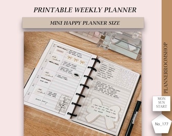 Printable ADHD weekly planner adult, Hobonichi weeks style, Week at a glance with habit tracker, Mini Happy Planner size, 177