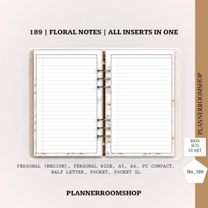 Puede incluir: Inserción de planificador con temática floral con páginas rayadas. La inserción es compatible con varios tamaños de planificadores, incluidos Personal, Personal Wide, A5, A6, FC Compact, Half Letter, Pocket y Pocket XL. El texto "189 | FLORAL NOTES | ALL INSERTS IN ONE" y "PLANNERROOMSHOP" está impreso en la inserción.