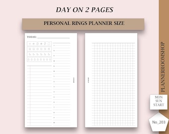 May include: A two-page planner insert with the text "DAY ON 2 PAGES" and "PERSONAL RINGS PLANNER SIZE." The left page has a daily schedule with a "TODAY:" section and time slots. The right page features a grid. The bottom right corner has "No_203."