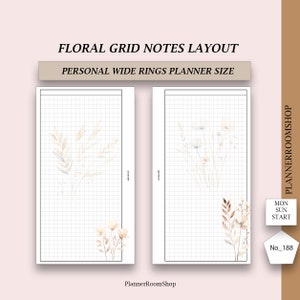Printable grid notes floral layout, Printable inserts, Printable planner, Personal wide rings size, 188