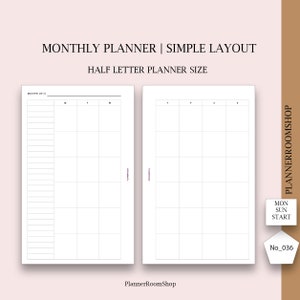 Peut inclure: Un planificateur mensuel blanc avec une mise en page simple, de format demi-lettre. Le planificateur comprend des sections pour la planification quotidienne et une vue calendrier. Le texte sur l'image indique "MONTHLY PLANNER | SIMPLE LAYOUT" et "HALF LETTER PLANNER SIZE".