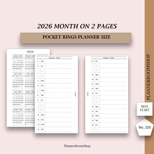 Printable 2026 Monthly Planner, Month on 2 Pages, Personal Planner Inserts, Dated Planner Refills, Pocket rings size, Ring Bound, 320
