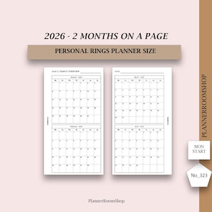 May include: A planner insert with a yearly overview and two months per page for 2026. The text reads "2026 - 2 Months on a Page" and "Personal Rings Planner Size". The design is black and white.
