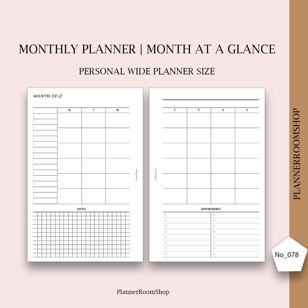 Month on Two Pages, Month at a Glance Inserts, Printables for Personal ...
