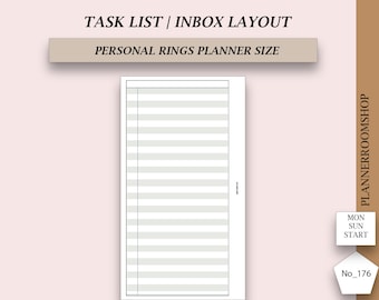 May include: A white planner insert with a task list and inbox layout. The insert is designed for personal rings planner size. The text "TASK LIST / INBOX LAYOUT" and "PERSONAL RINGS PLANNER SIZE" are displayed at the top. The PlannerRoomShop logo is at the bottom.