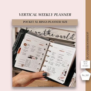 Può includere: Planner settimanale verticale in formato Pocket XL Rings. L'agenda aperta mostra un layout settimanale con note manoscritte e decorazioni floreali. La copertina è nera con cerniera. Il testo include "on the world" e "PlannerRoomShop".