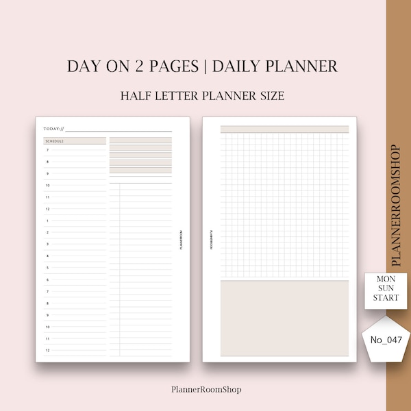 Day on 2 pages, Half letter planner Size, Printable Daily Organizer, Planner Template, Printable Daily Planners and Organizers PDF, 047