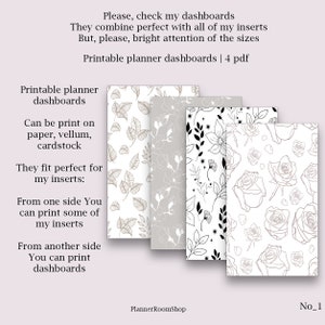 May include: Four printable planner dashboards featuring different floral patterns. The patterns include leaves, flowers, and roses. The text "Printable planner dashboards | 4 pdf" is at the top of the image. The text "PlannerRoomShop" is at the bottom of the image. The text "No_1" is in the bottom right corner of the image.