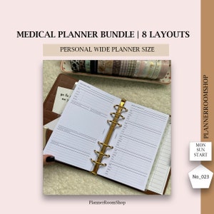 May include: A brown leather personal wide planner with gold rings, featuring white medical planner inserts with sections for doctor appointments, medical contact lists, notes, and questions. Text includes MEDICAL PLANNER BUNDLE | 8 LAYOUTS, PERSONAL WIDE PLANNER SIZE, PLANNERROOMSHOP, MON SUN START, and No_023.