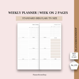 Standard TN, Weekly schedule, Week on two pages, Printable Travelers Notebook refill, minimalistic planner, Weekly habit tracker, 070