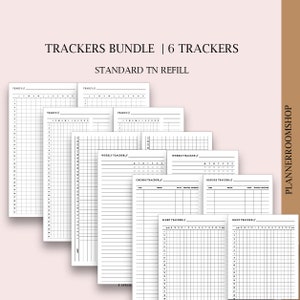 Puede incluir: Un paquete de seis rastreadores de papel blanco para una recarga TN estándar. Los rastreadores incluyen rastreadores anuales, semanales, de pedidos y de sueño. El texto de la imagen dice "TRACKERS BUNDLE | 6 TRACKERS" y "STANDARD TN REFILL".