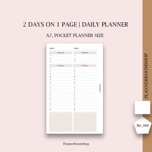 Daily template, 2 days on 1 page, Daily hourly schedule, Pocket planner size, Daily printable planner, Daily pages