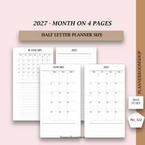 May include: A 2027 planner refill set in half letter size, featuring month-on-4-pages layouts. The white paper sheets display black text, including calendar grids for January, lined sections for notes, and the text '2027 - MONTH ON 4 PAGES'.