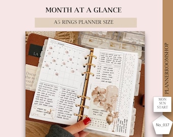 Monthly overview | Month on 2 pages | A5 rings planner size | Monthly calendar inserts | Undated monthly printable, 037