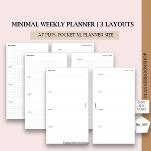 May include: A collection of white weekly planner pages with different layouts. The text "MINIMAL WEEKLY PLANNER | 3 LAYOUTS" and "A7 PLUS, POCKET XL PLANNER SIZE" are displayed. The PlannerRoomShop logo and "MON SUN START" are also visible.