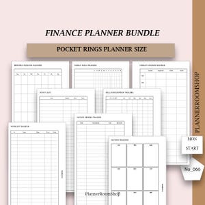 May include: A collection of white planner pages with black grid lines, designed for financial planning. The pages include trackers for monthly finances, yearly bills, wishlists, and online orders. Text on the pages reads "Finance Planner Bundle" and "Pocket Rings Planner Size."