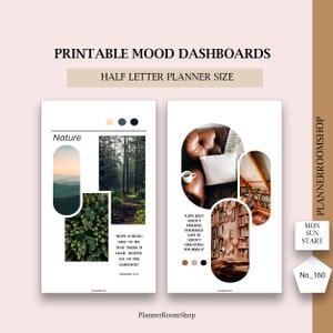 Planificador imprimible MOOD dashboards, Planificador tamaño media carta, Paneles con diseño minimalista, Divisores de planificador, Secciones imprimibles, 160