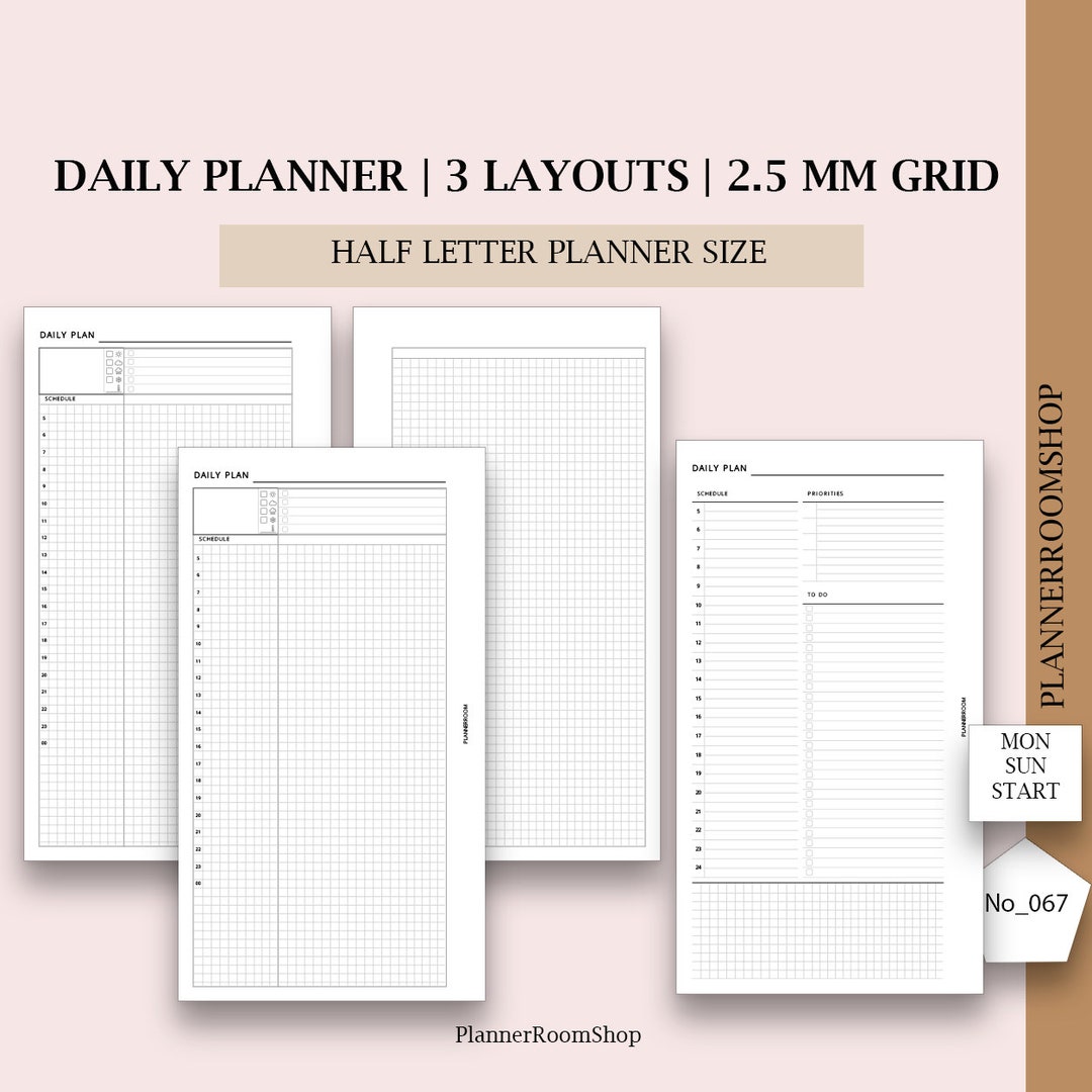 Daily Planner Bundle for Half Letter Planner Size, Small Grid 2.5 Mm