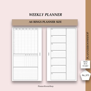 May include: A weekly planner insert for A6 rings planners. The layout features two pages with black grid lines on white paper. The left page includes an hourly schedule from 7 to 10, while the right page displays daily boxes and a vertical grid column. Text includes WEEKLY PLANNER, A6 RINGS PLANNER SIZE, PLANNERROOMSHOP, MON SUN START, and No_075.
