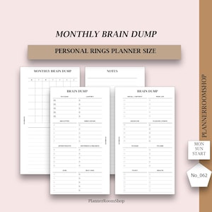 May include: White planner inserts with the text "MONTHLY BRAIN DUMP" and "PERSONAL RINGS PLANNER SIZE". The inserts feature sections for notes, to-do lists, and a monthly calendar. The design is minimalist and functional, ideal for organising.