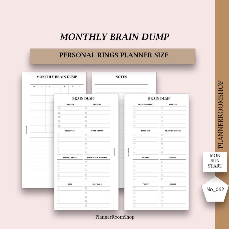 May include: White planner inserts with the text "MONTHLY BRAIN DUMP" and "PERSONAL RINGS PLANNER SIZE". The inserts feature sections for notes, to-do lists, and a monthly calendar. The design is minimalist and functional, ideal for organising.
