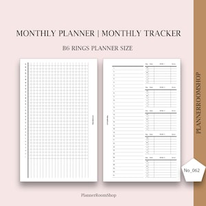 Könnte beinhalten: Doppelseite eines B6-Ringplaners. Die linke Seite ist ein Raster für Notizen, und die rechte Seite ist ein monatlicher Tracker mit Abschnitten für jede Woche. Text enthält "MONTHLY PLANNER | MONTHLY TRACKER" und "B6 RINGS PLANNER SIZE."
