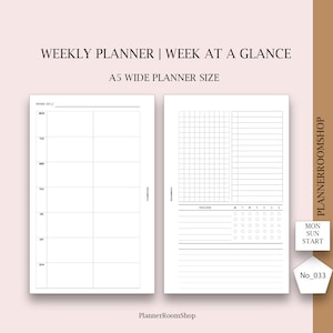 Week at a Glance, A5 Wide Ring Printable Planner Inserts, Weekly Planner, WO2P Layout Planning Sheet, Digital Download, 033