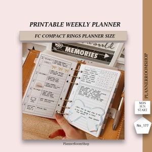 May include: A brown leather planner, open to a weekly spread with printed and handwritten content. The planner includes a daily task checklist and a bow-shaped bookmark. Text on the planner reads "Printable Weekly Planner" and "FC Compact Rings Planner Size."