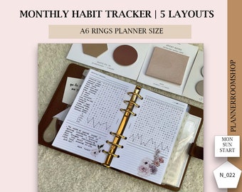 A6 rings printable monthly habit tracker bundle, Goals settings inserts, 022