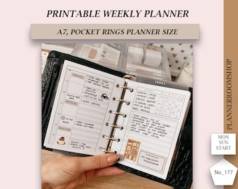 Printable ADHD weekly planner adult, Hobonichi weeks style, Week at a glance with habit tracker, A7, Pocket rings planner size, 177