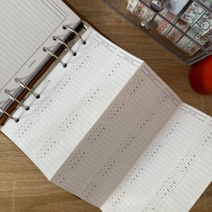 May include: A ring-bound planner insert featuring a fold-out calendar layout with columns for months from January to May 2024. The white paper has black printed grids, lines, and text, with a section labeled NOTES at the top left of the page.