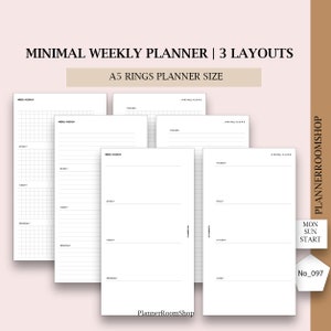 May include: A set of white A5 rings planner inserts featuring three distinct weekly layouts with black text. The pages include headers like MINIMAL WEEKLY PLANNER, 3 LAYOUTS, A5 RINGS PLANNER SIZE, PLANNERROOMSHOP, and MON SUN START. The layouts show grid, lined, and blank sections for days of the week.