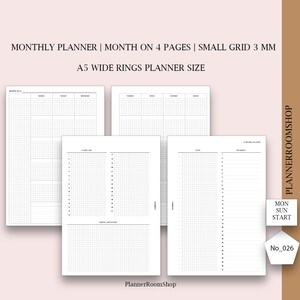 May include: A5 wide rings planner pages with a monthly layout, month on 4 pages, and small 3 mm grid. The pages include sections for daily tasks, reflections, and to-do lists. The text on the pages reads "MONTHLY PLANNER" and "PlannerRoomShop."