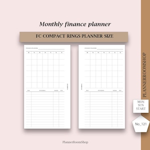 Może przedstawiać: Dwie białe strony planera z układem siatki do miesięcznego śledzenia finansów. Tekst "Monthly finance planner" i "FC COMPACT RINGS PLANNER SIZE" znajduje się u góry. Strony zawierają sekcje na daty, opisy, kwoty i notatki.