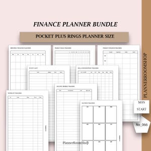 May include: A finance planner bundle in pocket plus rings size featuring white pages with black text and grid lines. Includes trackers for monthly finance, yearly bills, yearly finance, to buy list, bill subscription, online orders, wishlist, and savings.