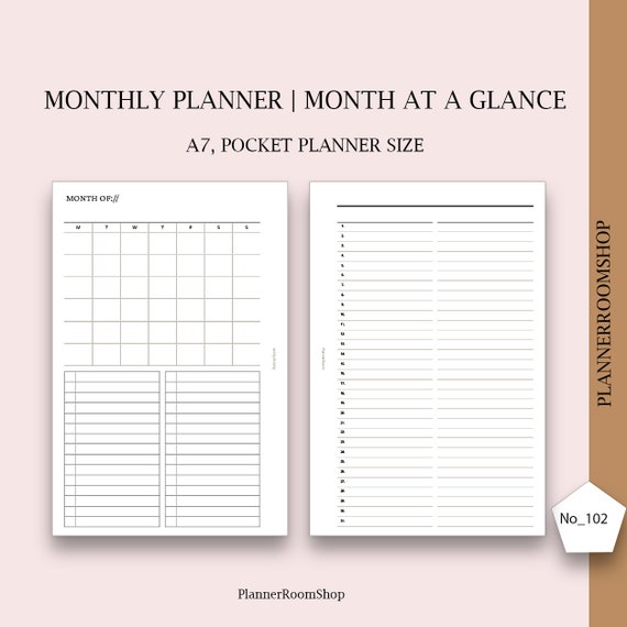 Monthly Calendar, A7, Pocket Printable Inserts, Month at a Glance, Monthly  Tasks and Appointments, Digital Printable Inserts - Etsy