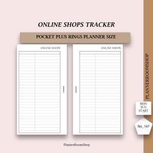 May include: White planner inserts with the text "ONLINE SHOPS TRACKER" and "POCKET PLUS RINGS PLANNER SIZE". The inserts have lined sections for tracking online shops. Includes a small graphic with "MON SUN START" and "No_147".