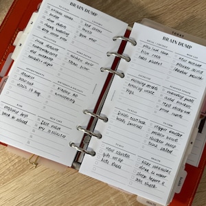 以下が含まれることがあります： 「Brain Dump」と手書きのリストが書かれたオープンなプランナー。セクションには「To Clean」、「Laundry」、「Declutter」、「To Buy」などがあります。プランナーは赤色で、シルバーのリングとゴールドの留め金が付いています。ページは白で、黒インクです。