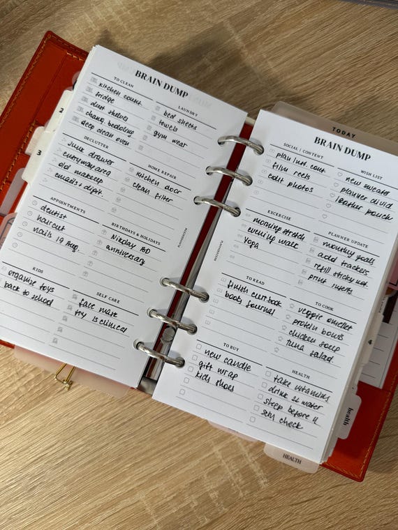 Personal ADHD brain dump printable inserts template, GTD Getting things Done to do layout, Personal rings planner size, Filofax, 062