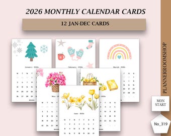 2026 Printable Dated Small Monthly Calendar PDF Cards, With Deco January–December 2026, Planner Dashboard, Planner Cards, 319